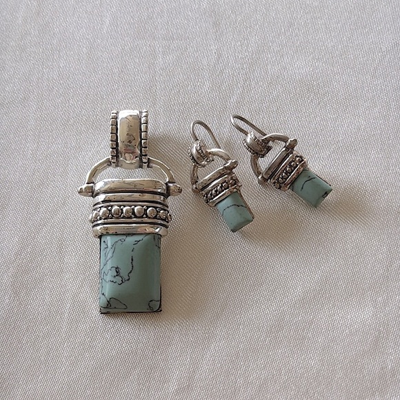 Boho Turquoise Stone Pendant Slide With Hook Turquoise Earrings Set Silver Tone - Picture 2 of 11